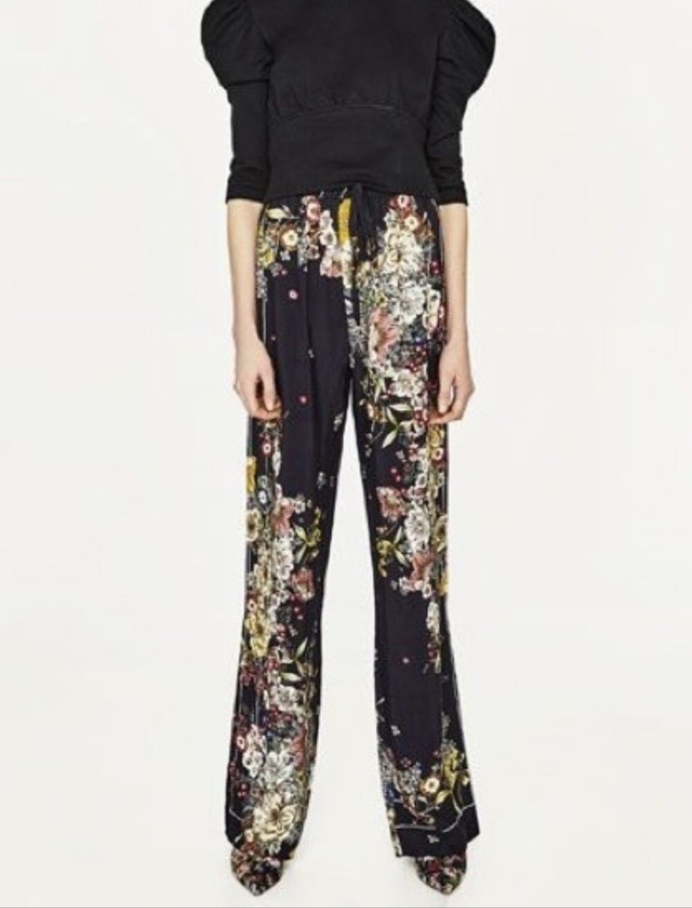 Zara Black Floral Wide-Leg Pants Zize M - Picture 2 of 5